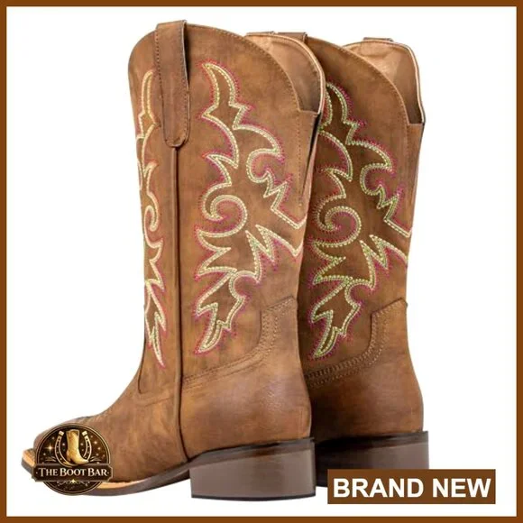 Extra Wide Calf Cowboy Boots Square Toe Pull-On Western Boots Faux Leather